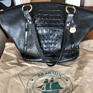 Brahmin Croc Embossed Black Leather Satchel